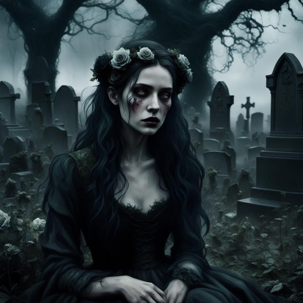 Eerie Graveyard Portrait in Dark Romanticism Style