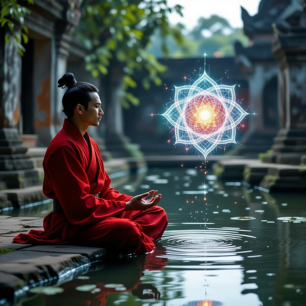 Thai Man Meditates Before Arcane Artifact