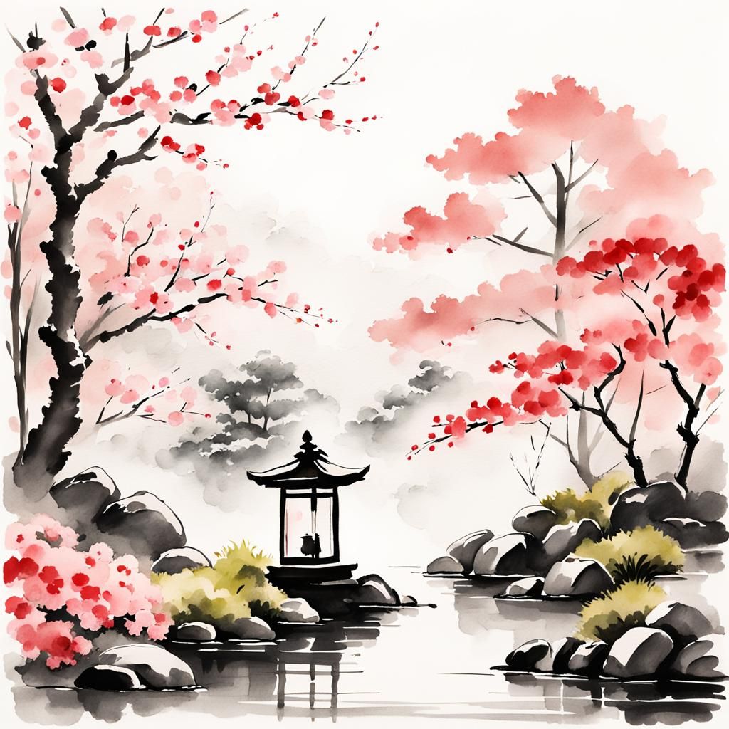 Serene Japanese Garden in Sumi-e Style