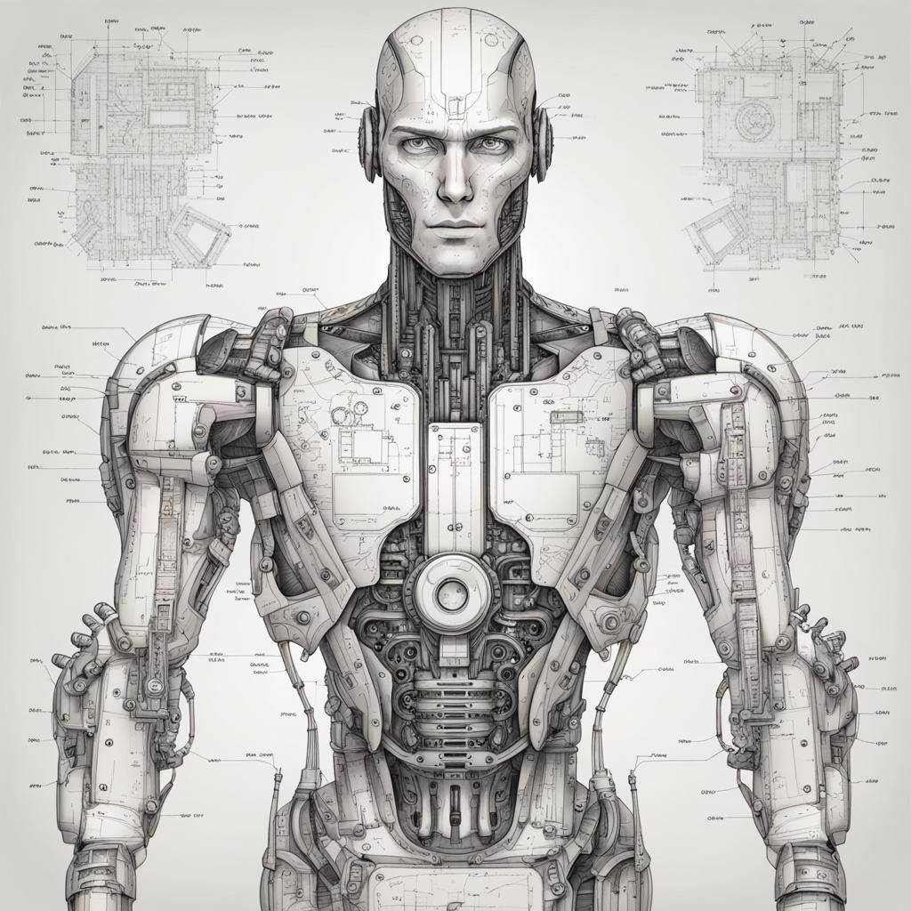 Cyborg Robot Man in Architectural Schematics
