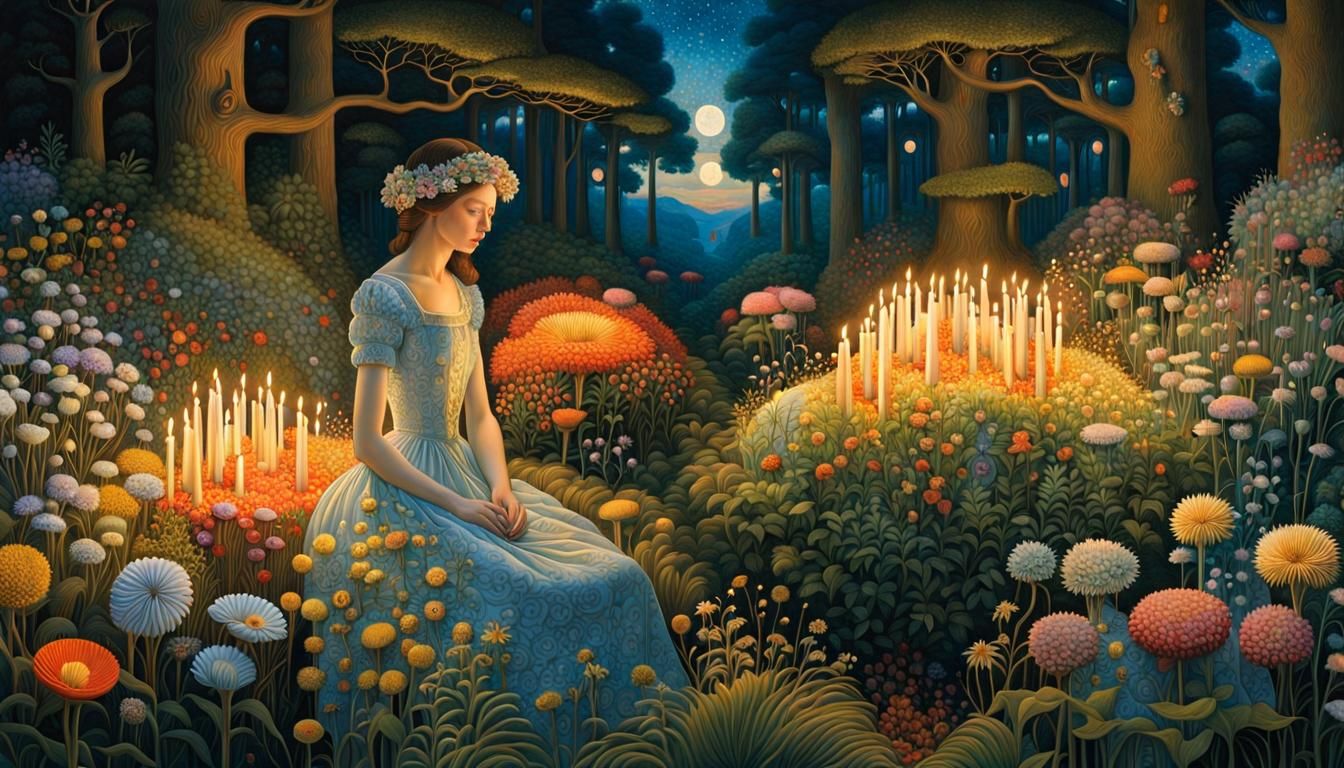 Sunset Woman in Floral Forest, Magic Realism