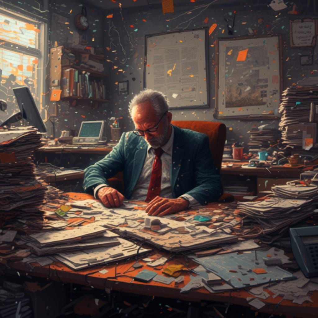 Stressed Man Overworked in Dark Office, Digital Art