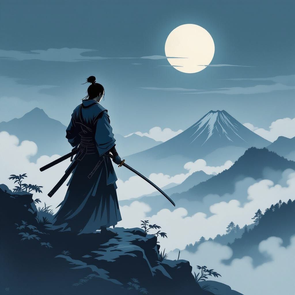 Ukiyo-e Ninja on Moonlit Mountaintop
