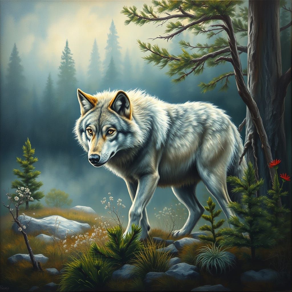 Grey Wolf in Taiga: An Oil Painting