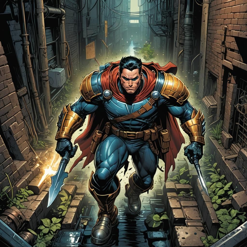 Armored Superhero with Unique Weapon in Sewer
