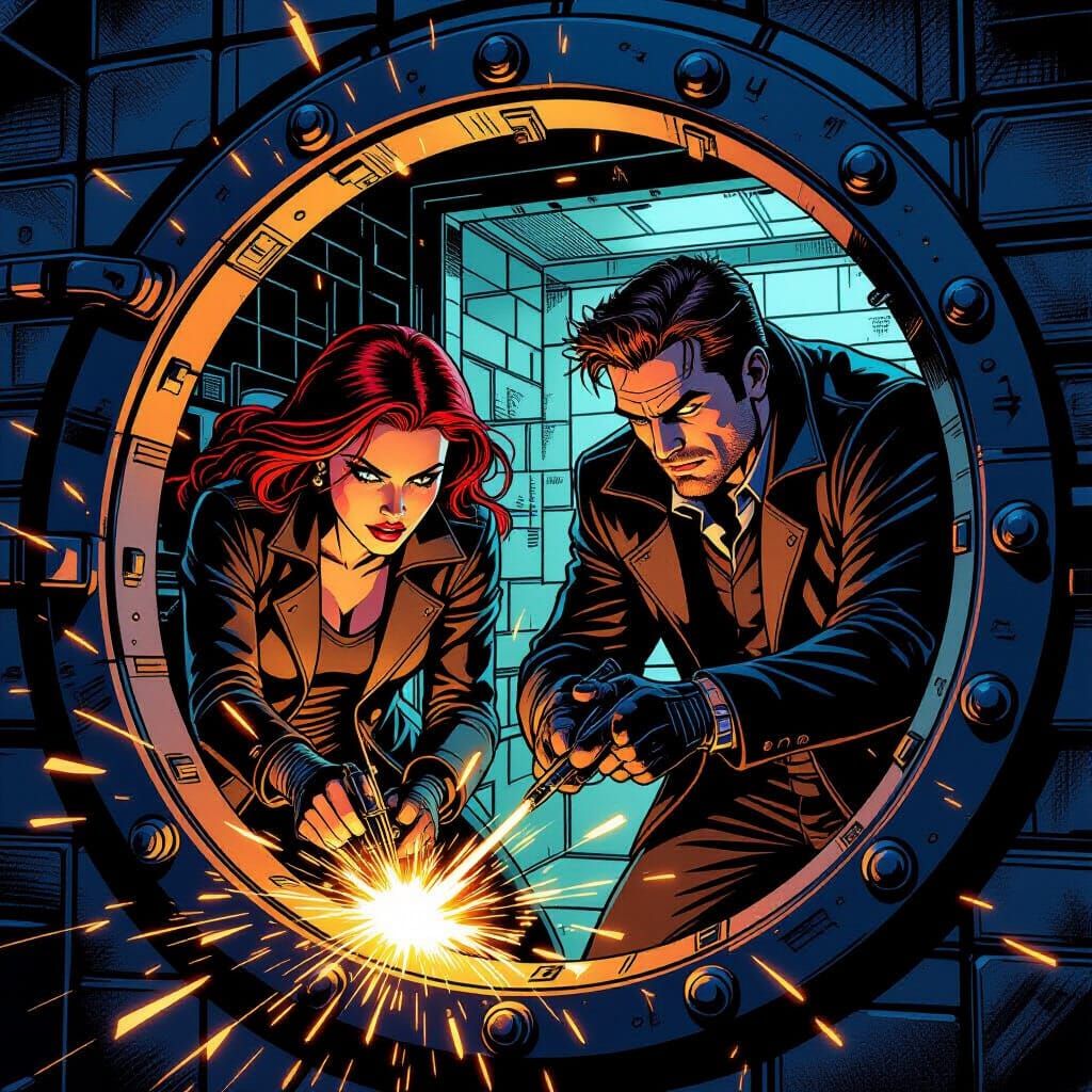 Bank Heist Action in Dynamic Comic Book Style
