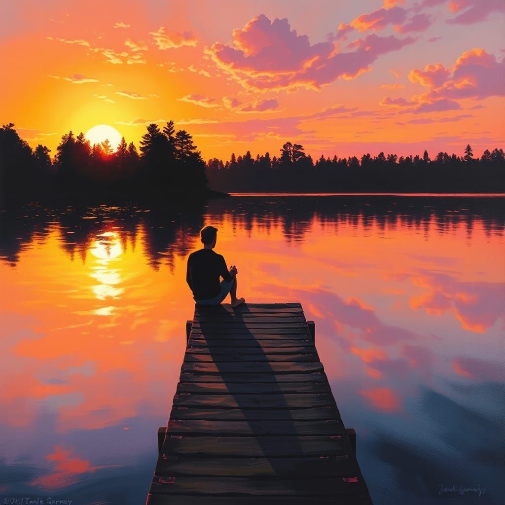 Sunset Over Tranquil Lake as Oil Painting