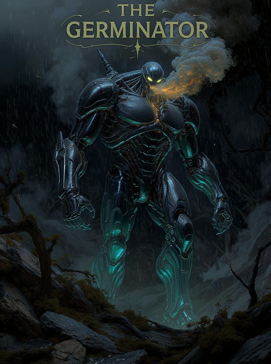 Robotic Supervillain in Dystopian Industrial Landscape