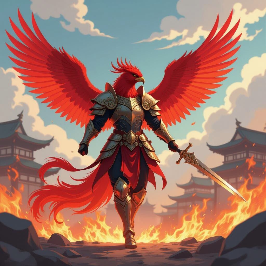Golden Armored Phoenix Soaring into Battle: Manga Style