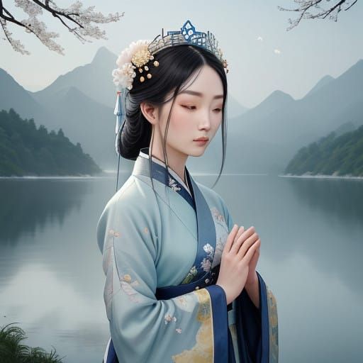 Chinese Actress in Elegant Hanfu Outfit with Floral Crown, i...