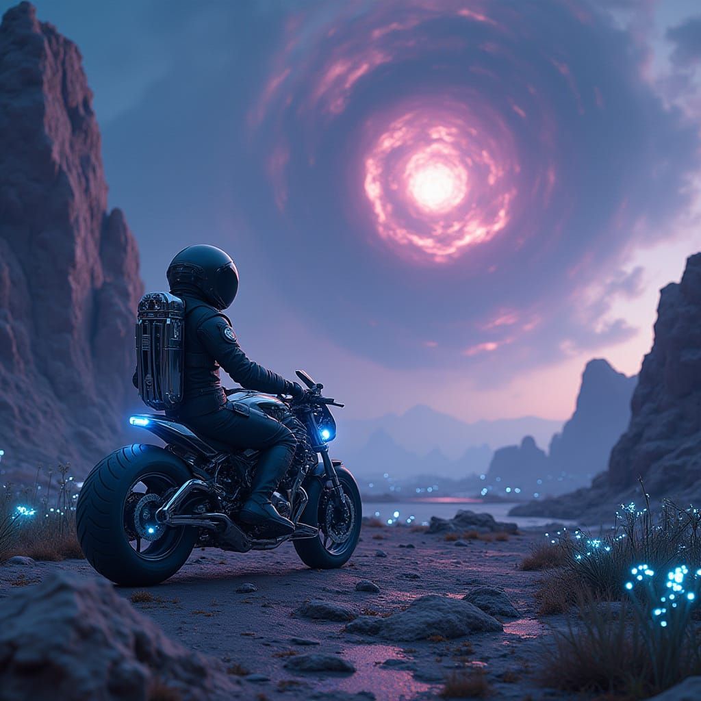 Astronaut on Alien Planet Gazing at Nebula