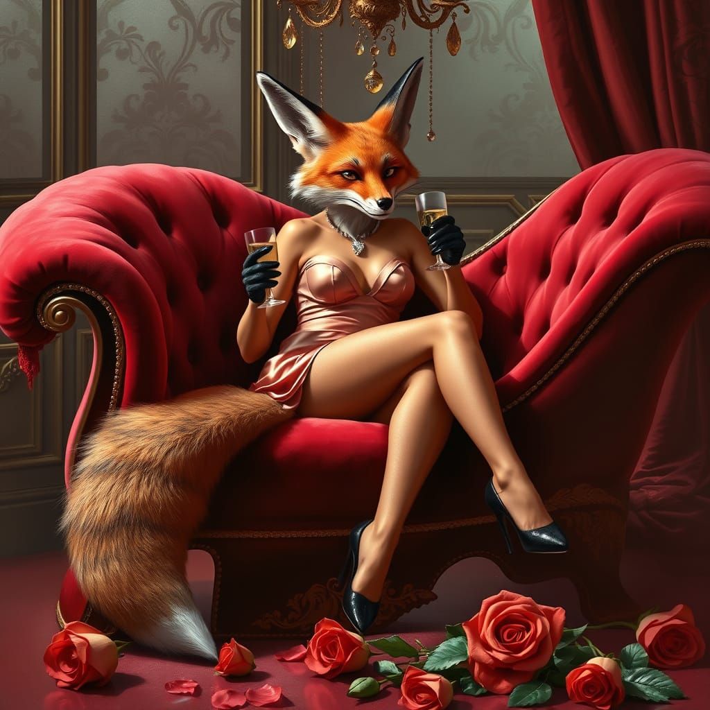 Anthropomorphic Fox Lounging in Boudoir, Vintage Glamour