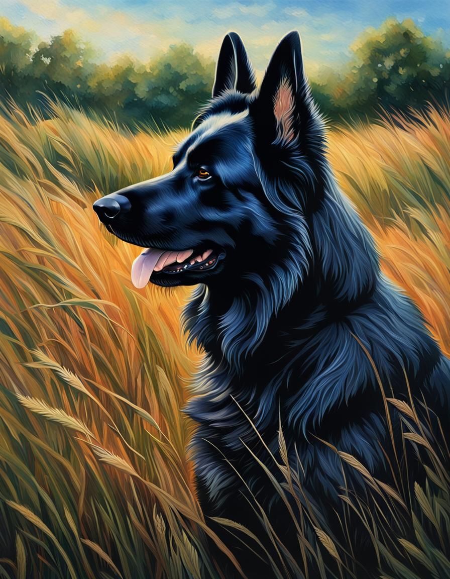Detailed Portrait of Black German Shepherd in JH Lynch Style