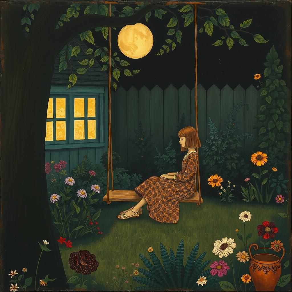 Girl in Garden Swing, Art Nouveau Style