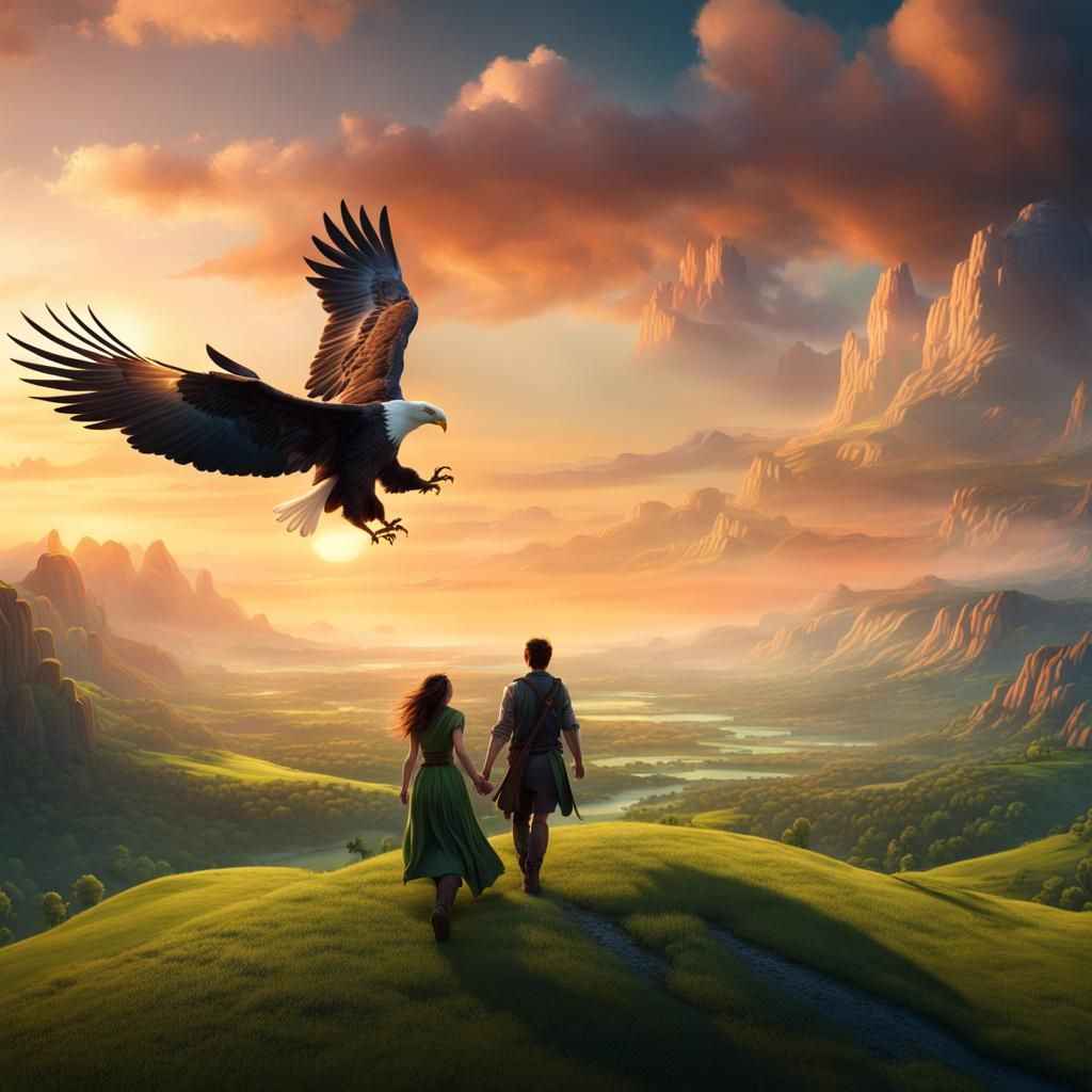 Sunset Flight with Eagle in Detailed Matte Painting