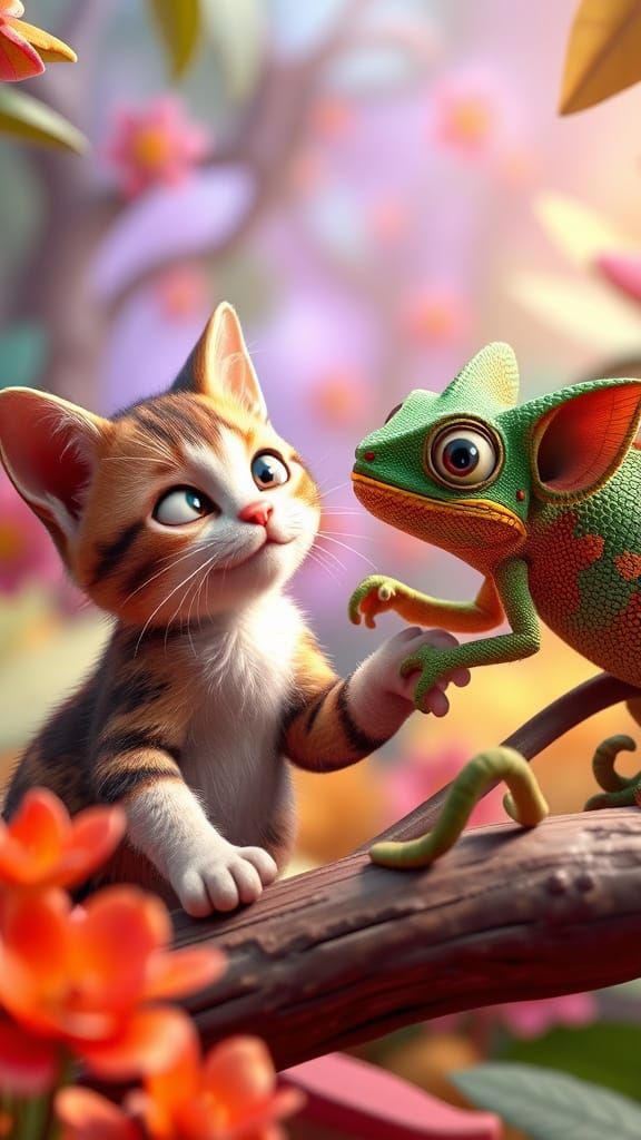Adorable Cat and Chameleon in Fantastical 3D Art