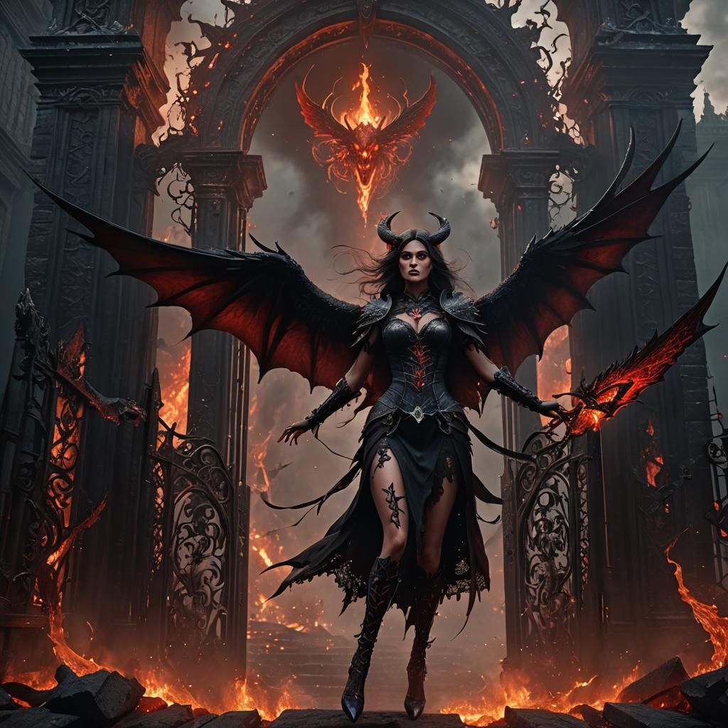 Demon Woman Flies Over Hell Gates: Fantasy Art
