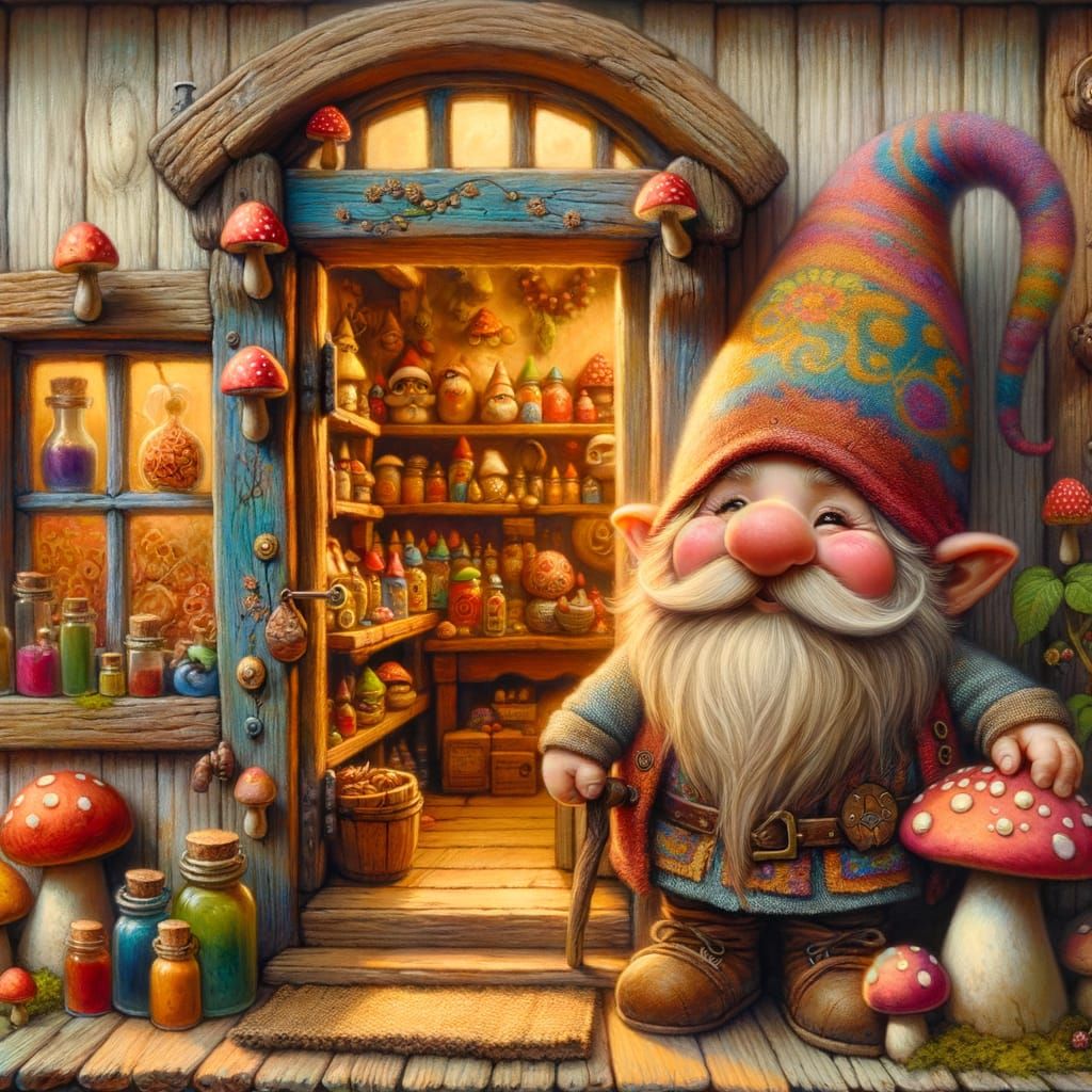 Whimsical Gnome Shop in Vibrant Woodland