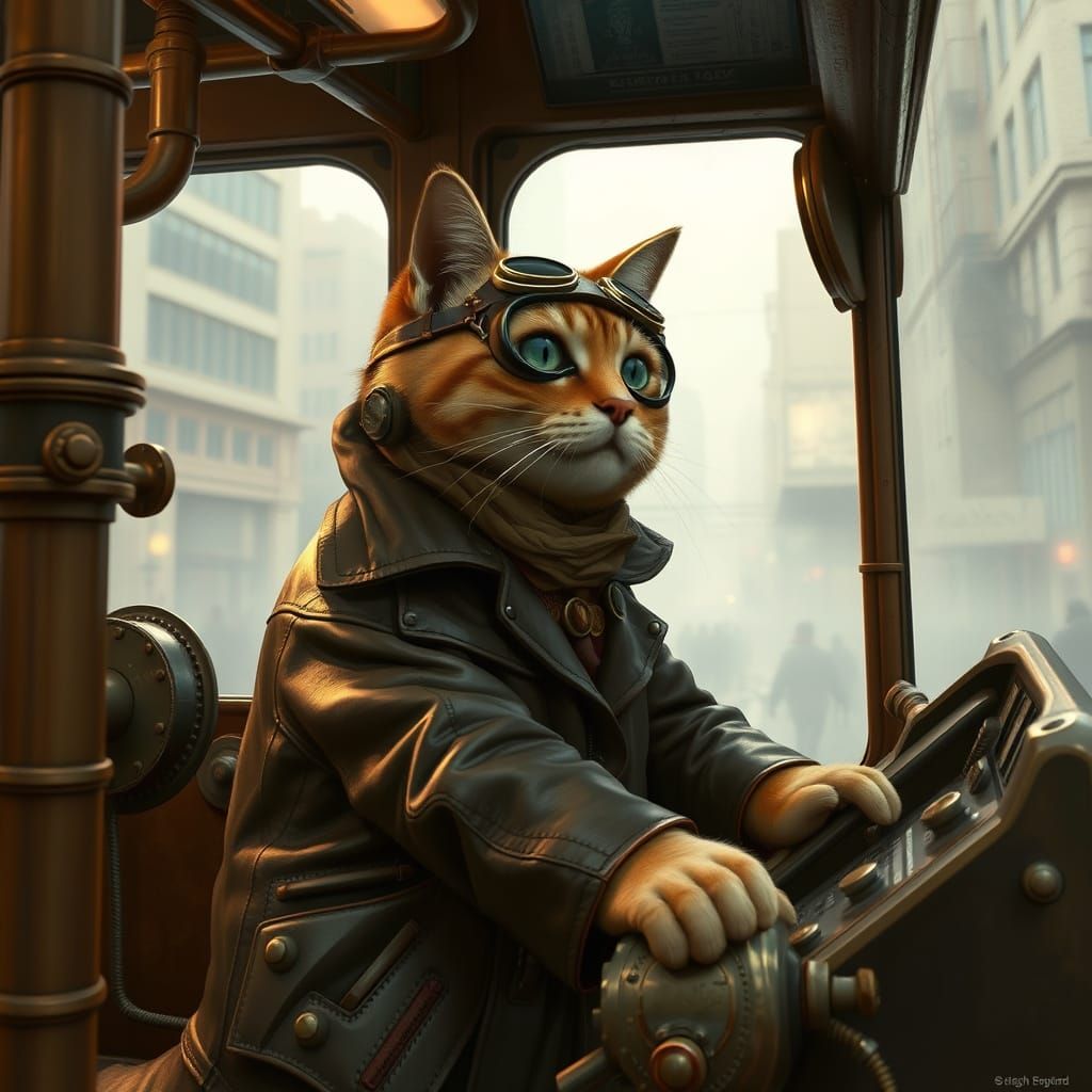 Steampunk Cat Driving a Steam-Powered Tram