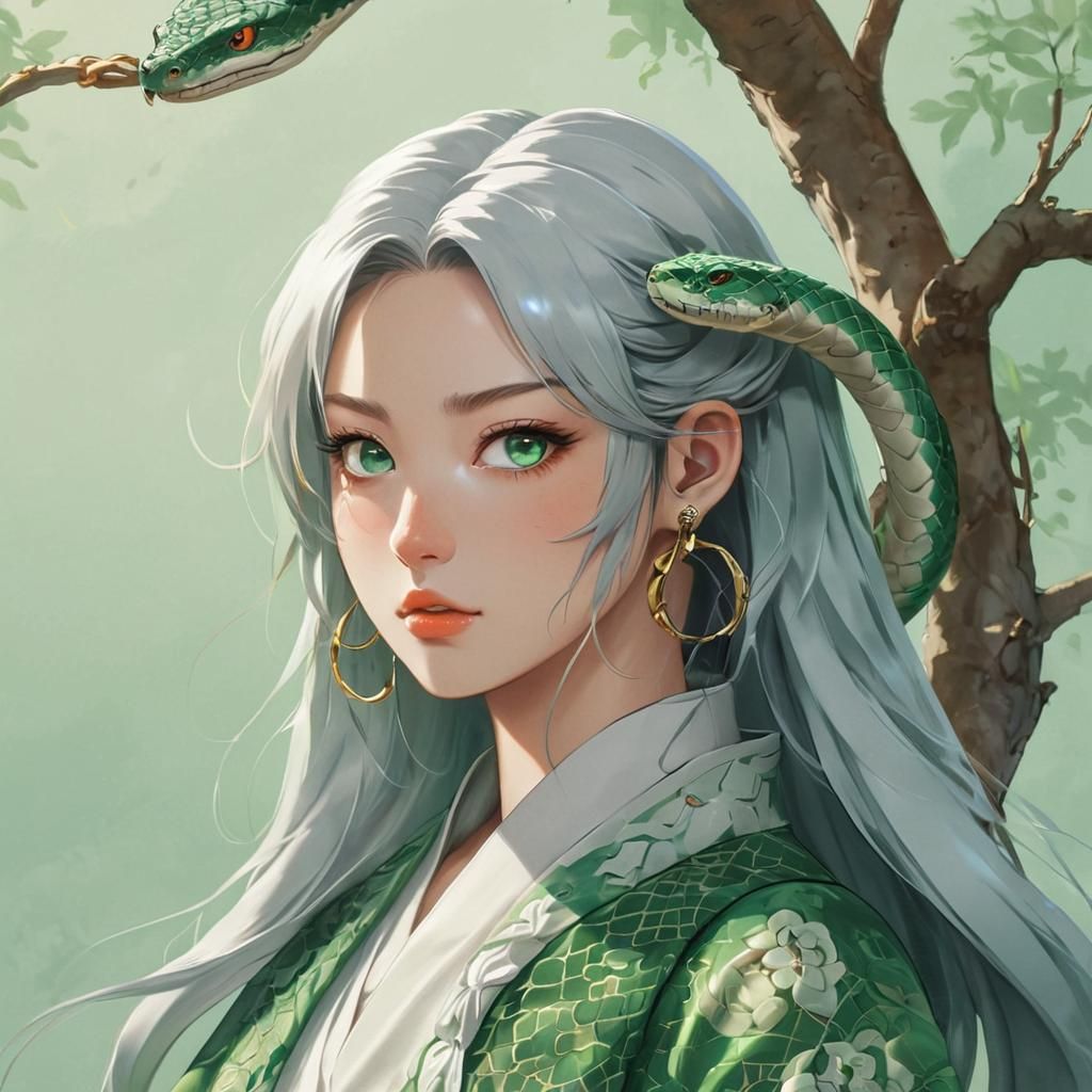 Anime Snake Girl in Jade Japanese Clothing
