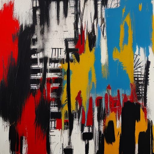 Boy and Dog in Urban Landscape, Neo-Primitivist Style