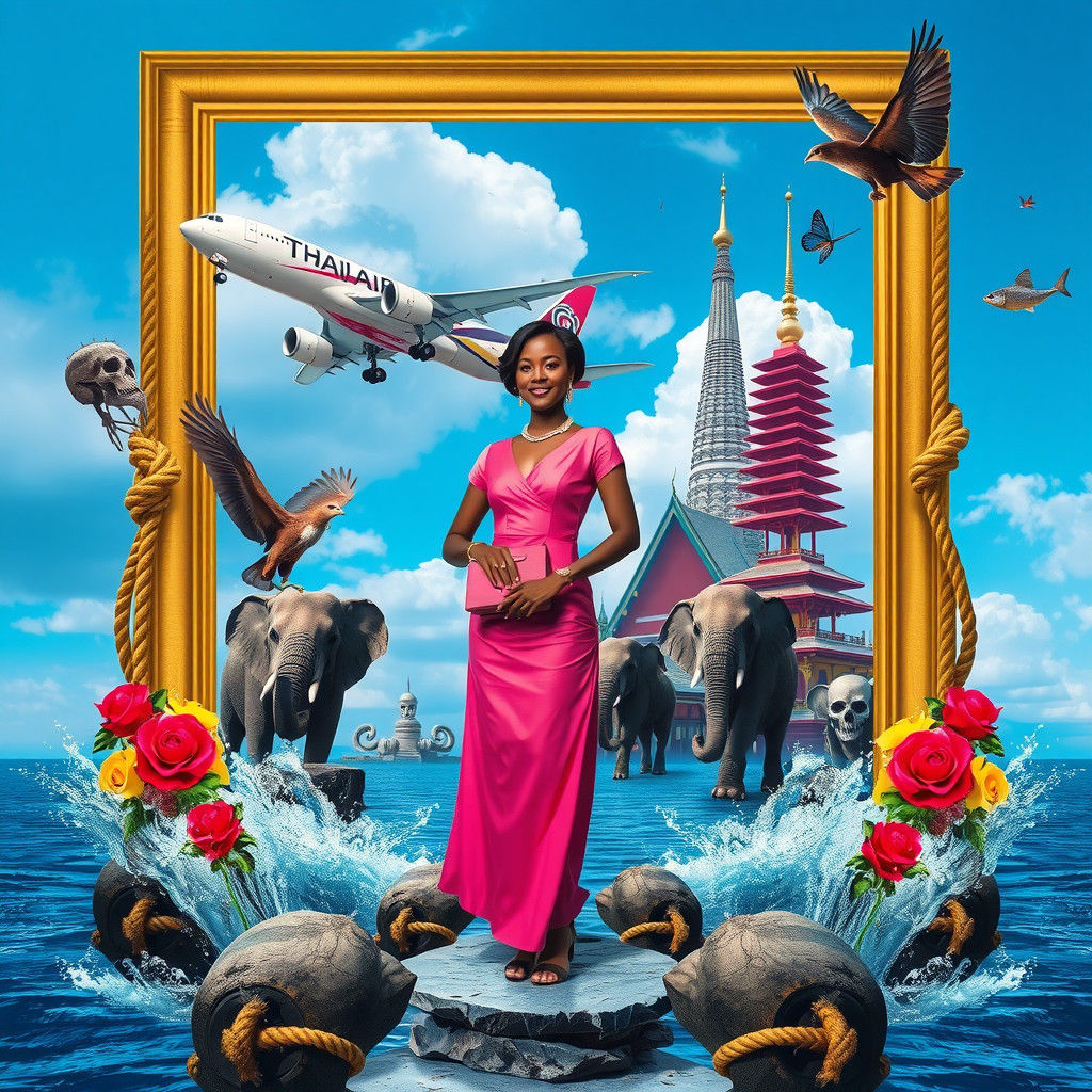 Surreal Thai Composite Art with Airplane and Mythology