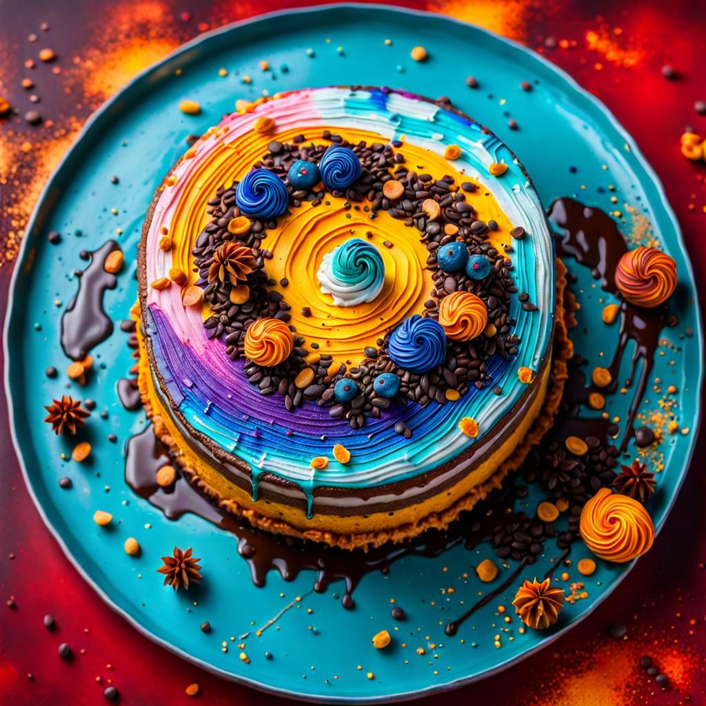 Appetizing Cake with Luminous Layers in Klimt Graffiti Style