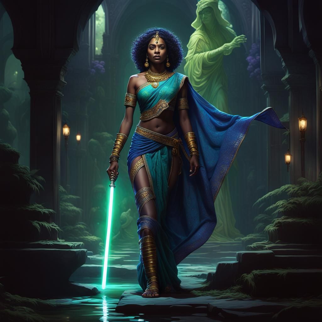 Indian Woman Lightsaber Art in Cyberpunk City