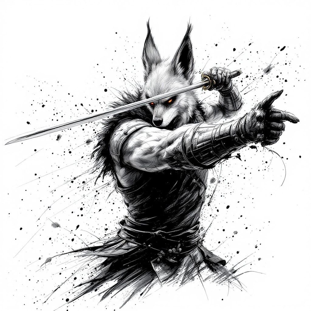 Expressive Charcoal Drawing of Jackal in Fencing Stance