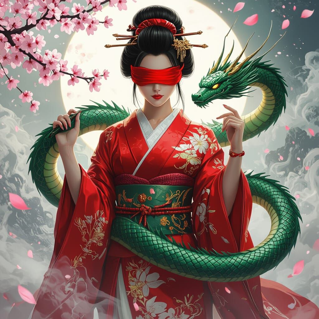 Lynx as Red Geisha with Dragon, Bold Concept Art