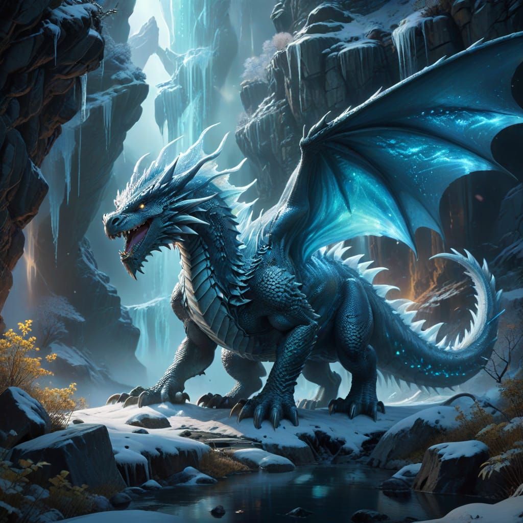 Ice Dragon Guards Winter Valley Under Aurora Borealis