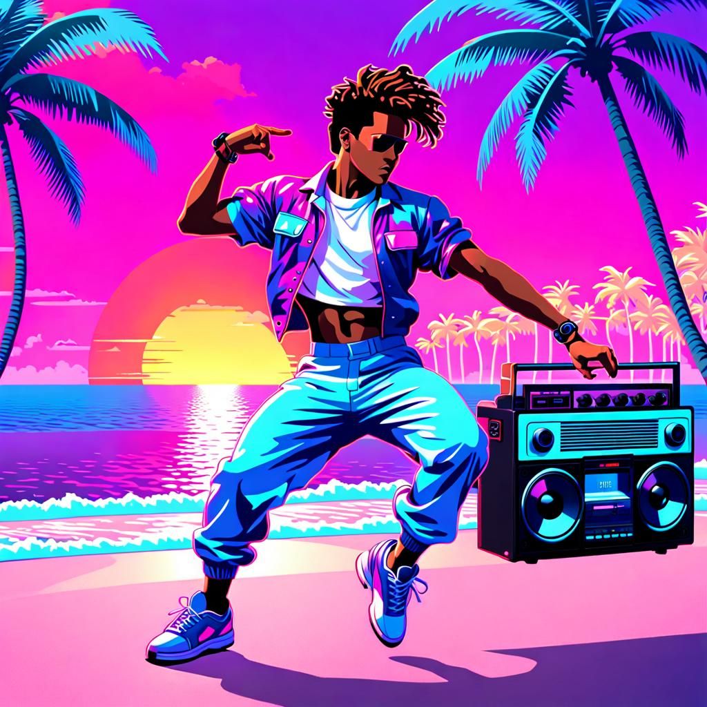 Vaporwave Breakdancer on Miami Beach, Neon Art