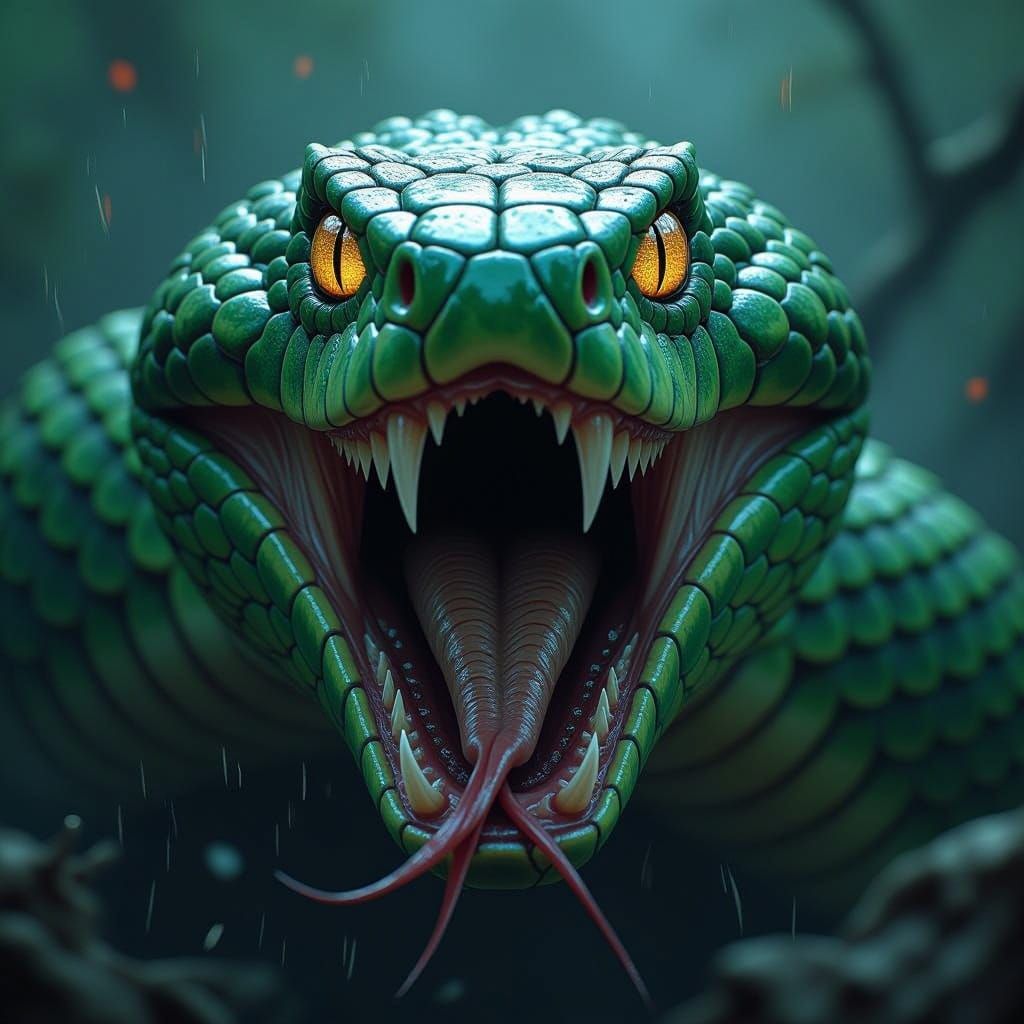 Vibrant Green Snake Unleashes Fury in Dark Fantasy Style
