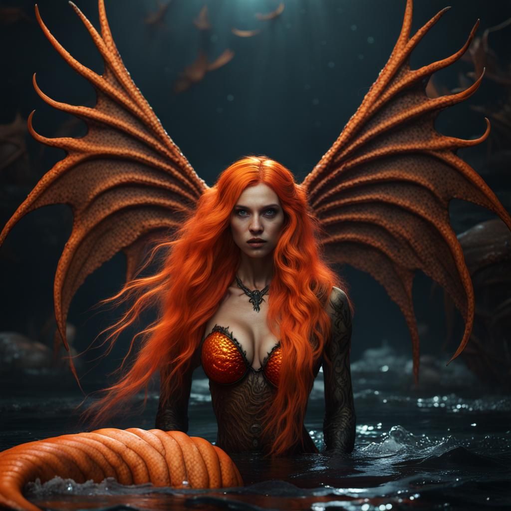 Hyperrealistic Halloween Mermaid with Wings and Horns