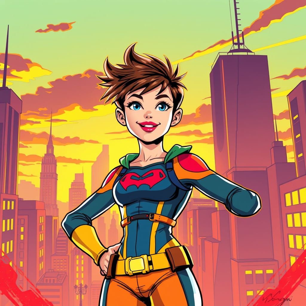 Dynamic Teen Marvel Superheroine in Comic Book Cityscape