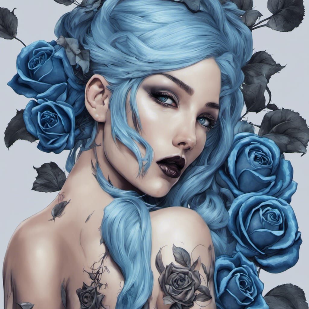 Blue Haired Woman Surrounded by Roses: 3D Art