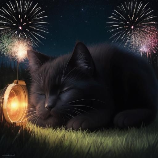 Cute Chibi Cat Napping Under Fireworks