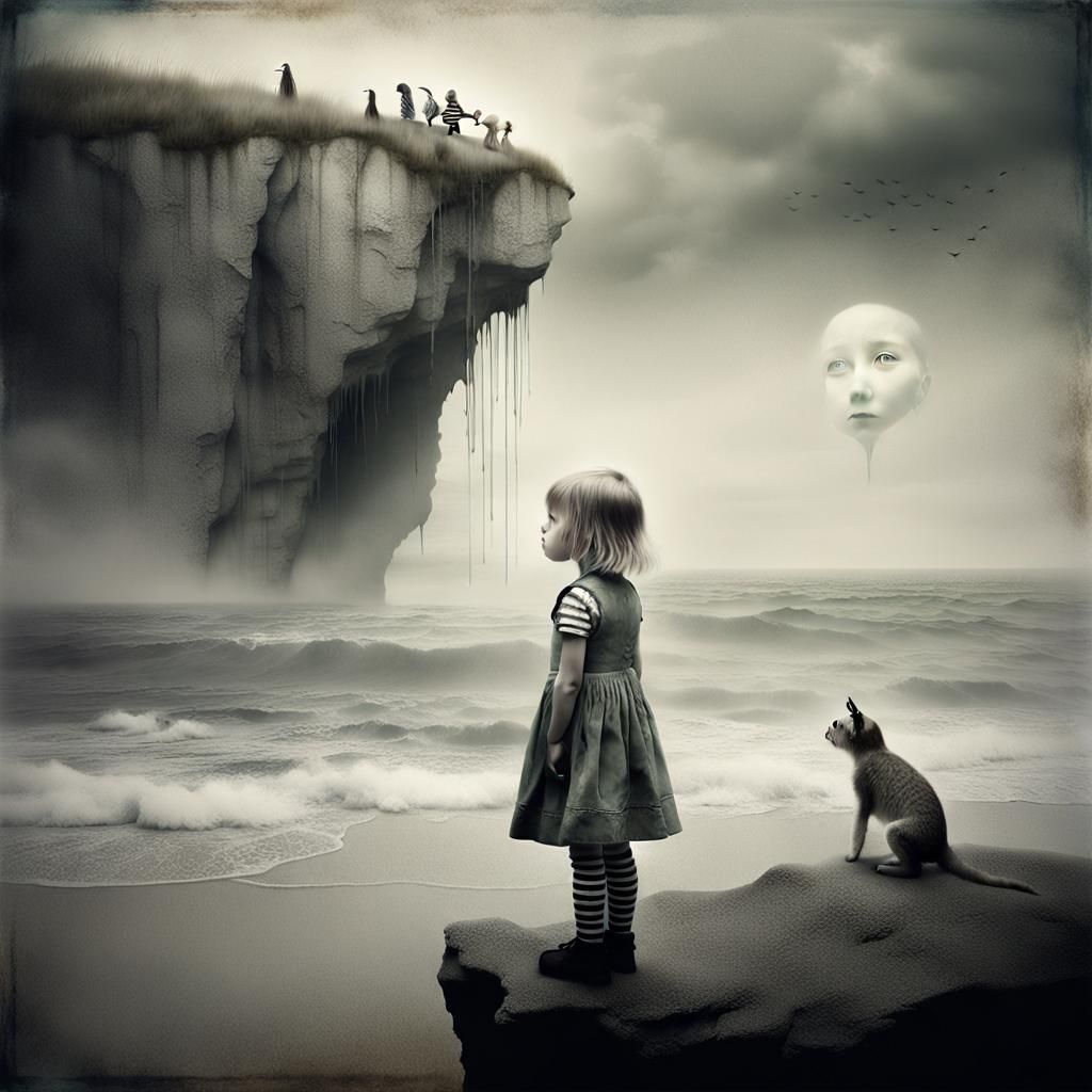 Surreal Beach Scene with Cliff Creatures