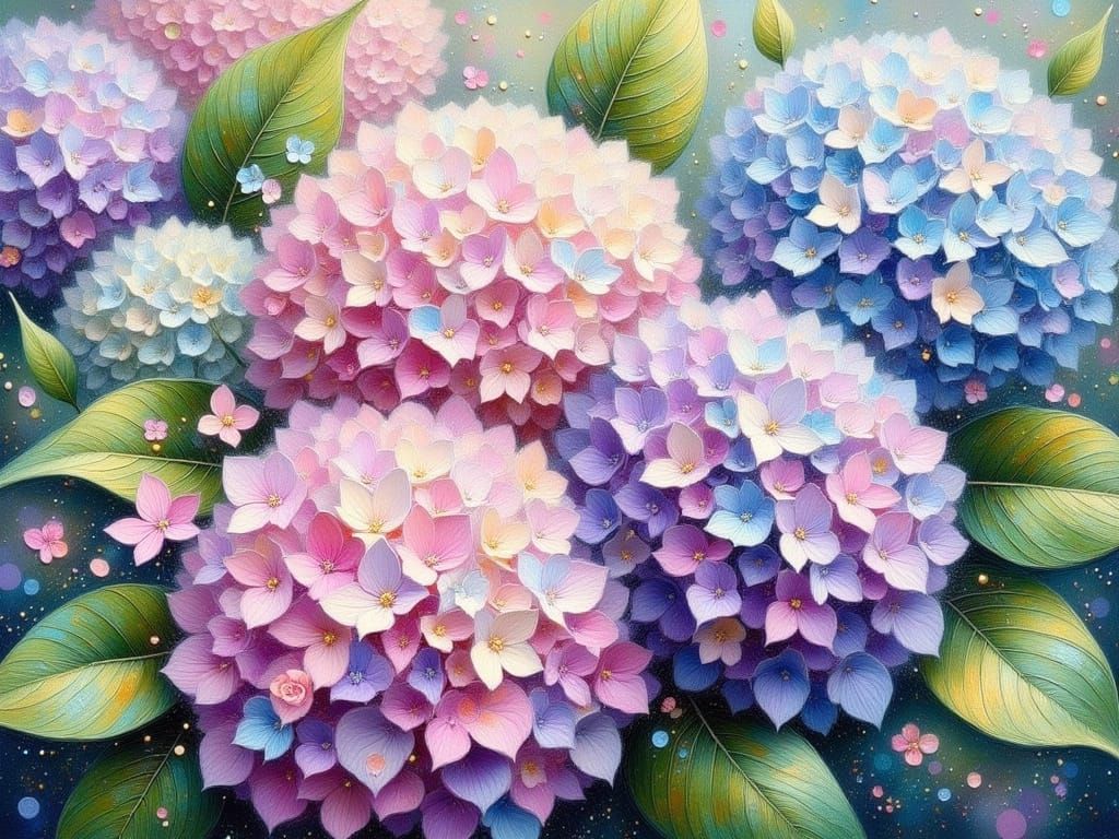 Whimsical Impasto Oil Painting of Hydrangea Blooms in Pastel...