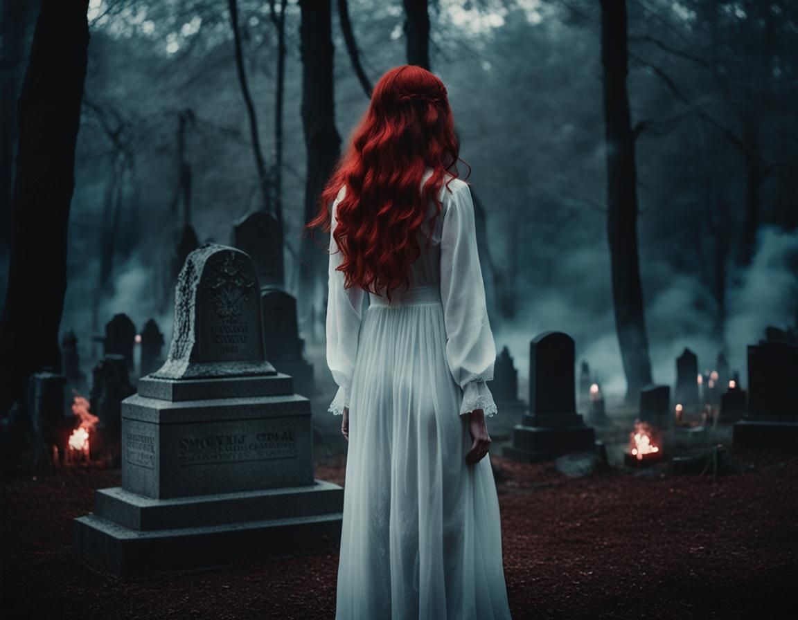 in a dark scary forest near a pond next to a cemetery stands a beautiful woman with long wavy red hair in a white thin s...