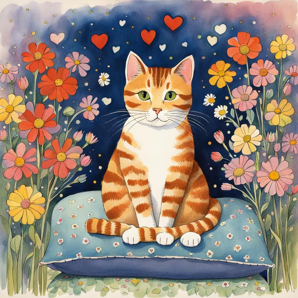 Cute Cat Surrounded by Flowers in Whimsical Style