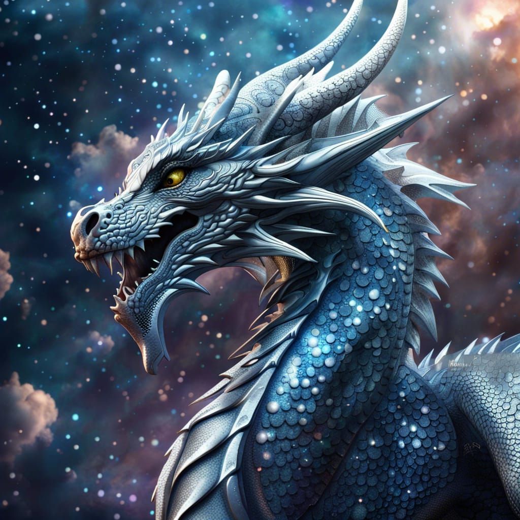 Majestic Silver Dragon Soaring Through Nebula