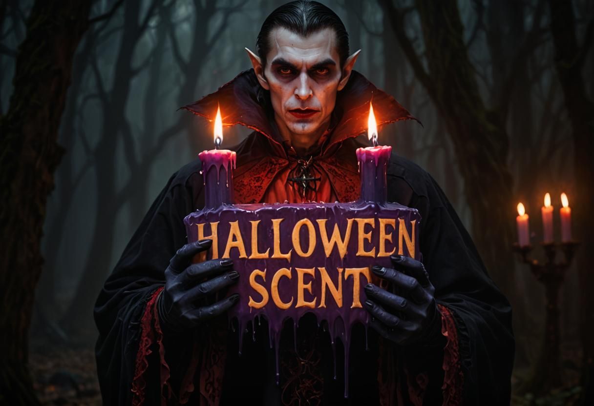 Vampire in Dark Forest with Halloween Candles