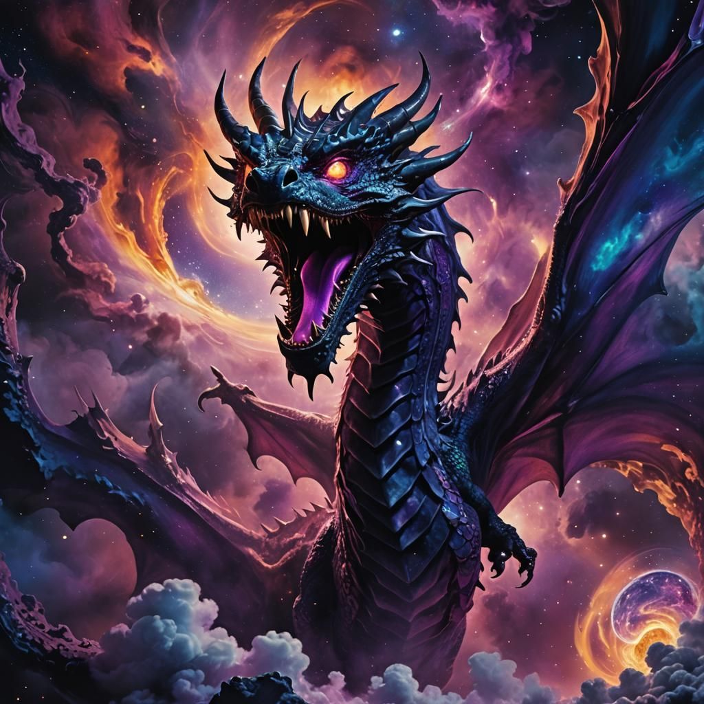 Dragon Circling Black Hole in Surreal Style