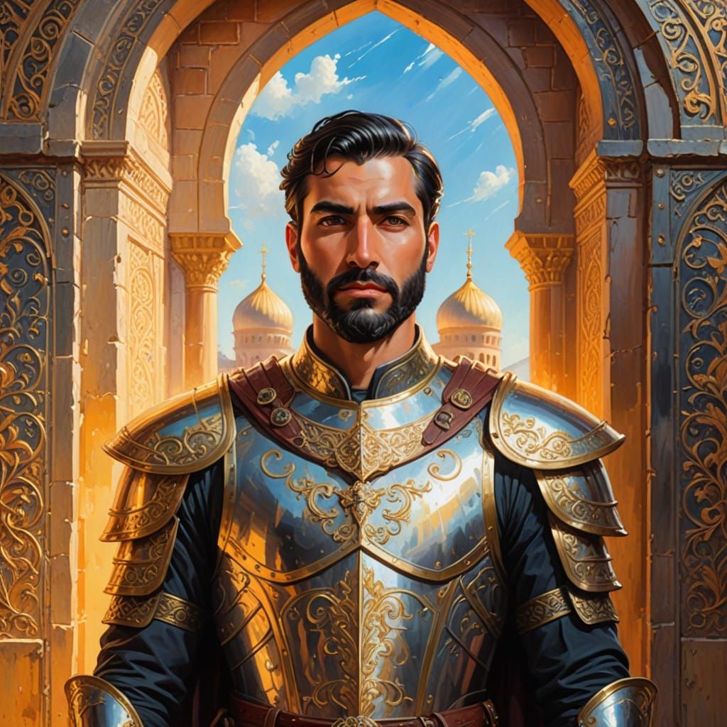Handsome Latino Knight in Golden Armor