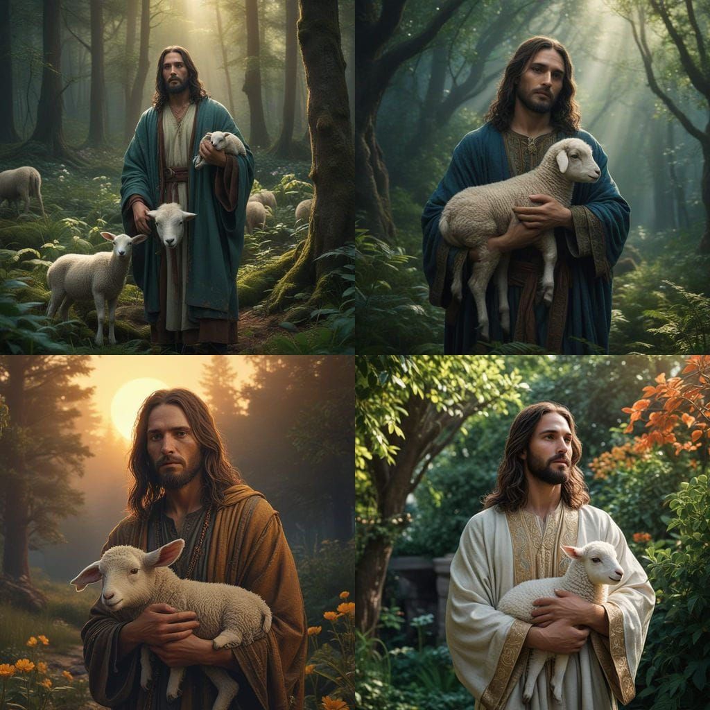 Jesus with a Lamb in Vibrant Fantasy Landscape
