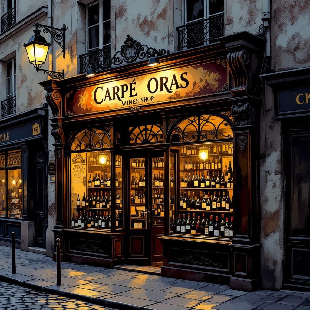 Parisian Wine Shop Sign in Romantic Oil Painting Style