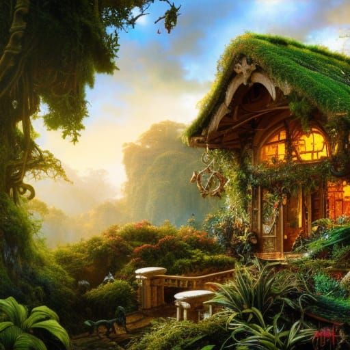 Rococo Hobbit House in Lush Jungle, 8K