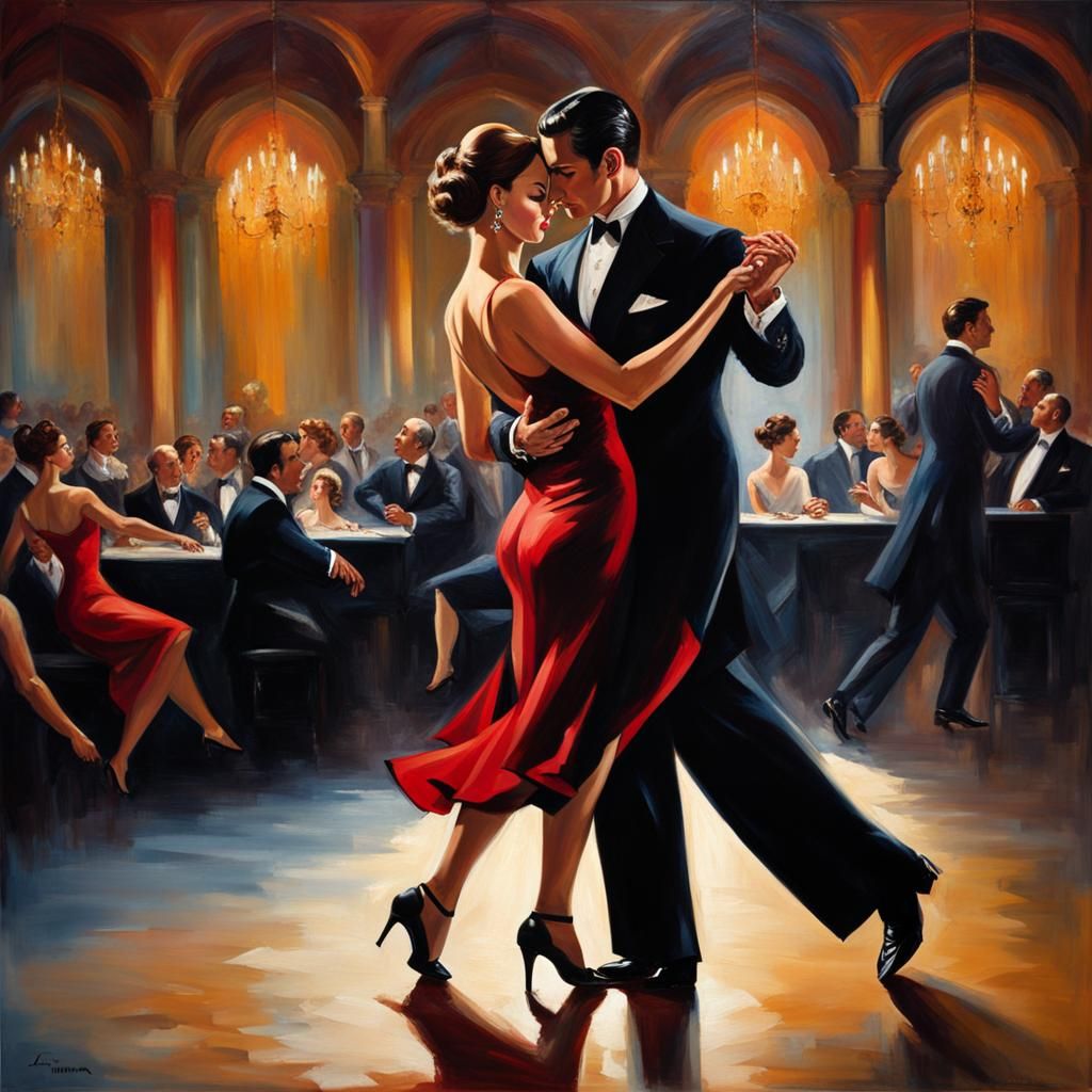 Argentine Tango Couple in Ballroom: Art Deco Painting