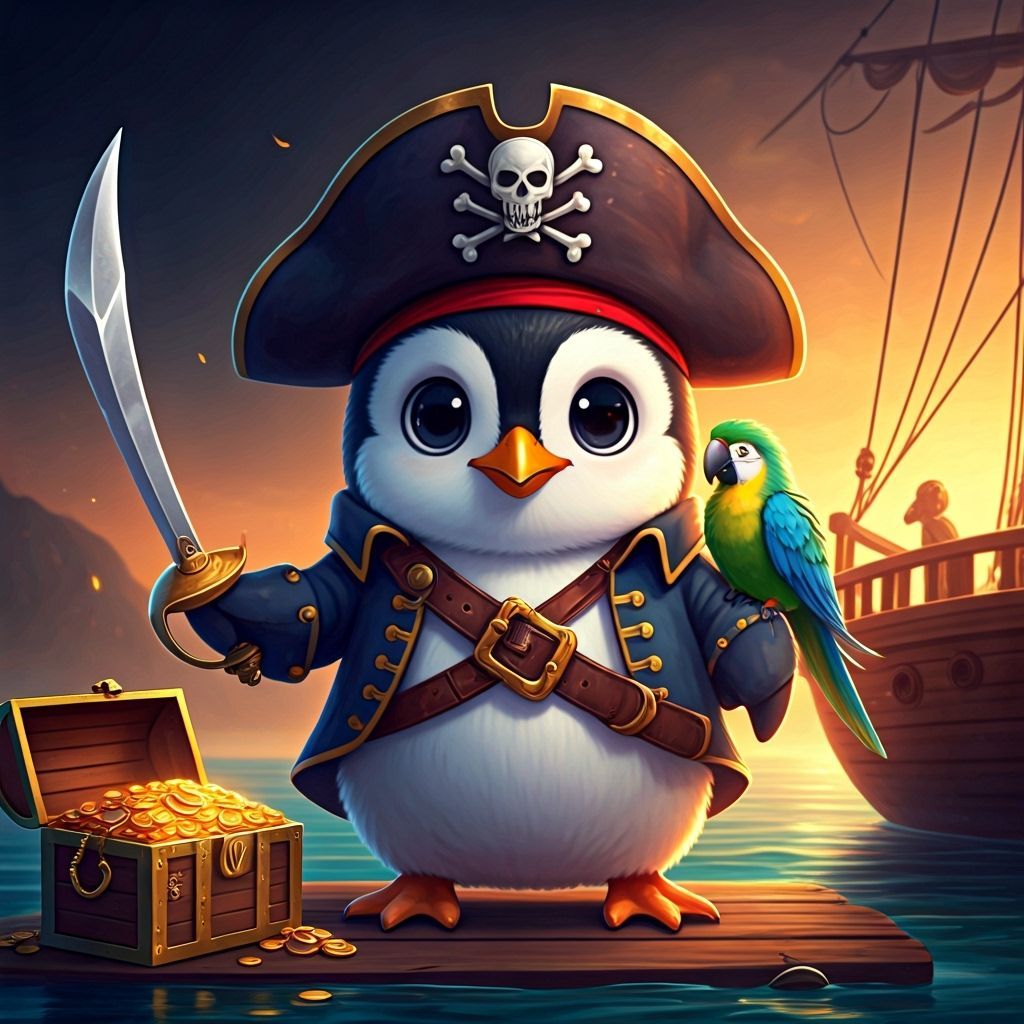 Victorious Anime Penguin Pirate on Treasure Boat
